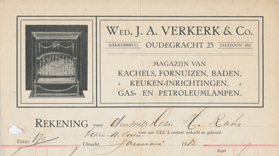712168 Kop van een nota van de Wed. J.A. Verkerk & Co, Oudegracht [W.z.] 23 te Utrecht, Magazijn van Kachels, ...